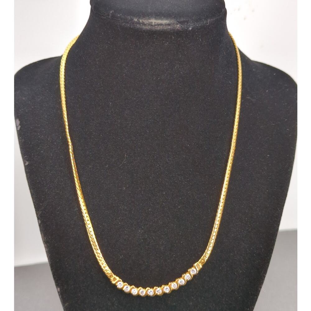 Vintage Fashion Necklace gold tone with curved crystal bar